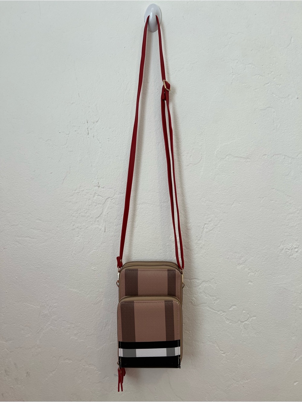 Women’s Crossbody Phone Pouch in Beige Plaid with Red Strap